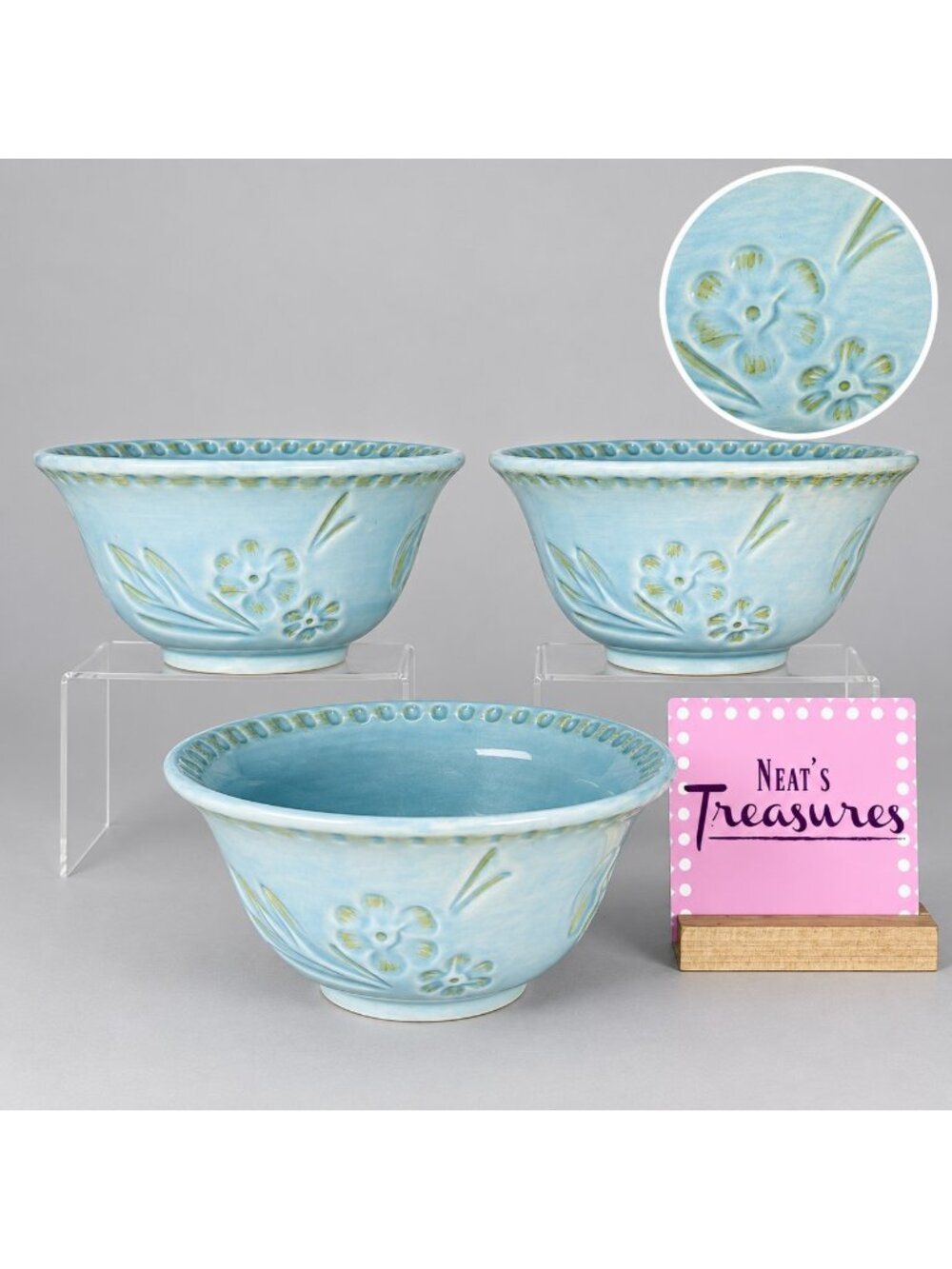 Fitz And Floyd TOULOUSE BLUE Bird Nest Butterfly Raised Ceramic Soup Bowl Set 3